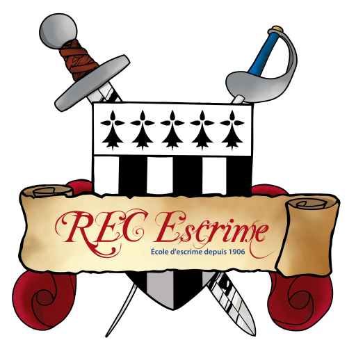 Logo du REC Escrime : le blason de Rennes avec deux armes croisées dans le dos, le nom du club devant sur un parchemin.