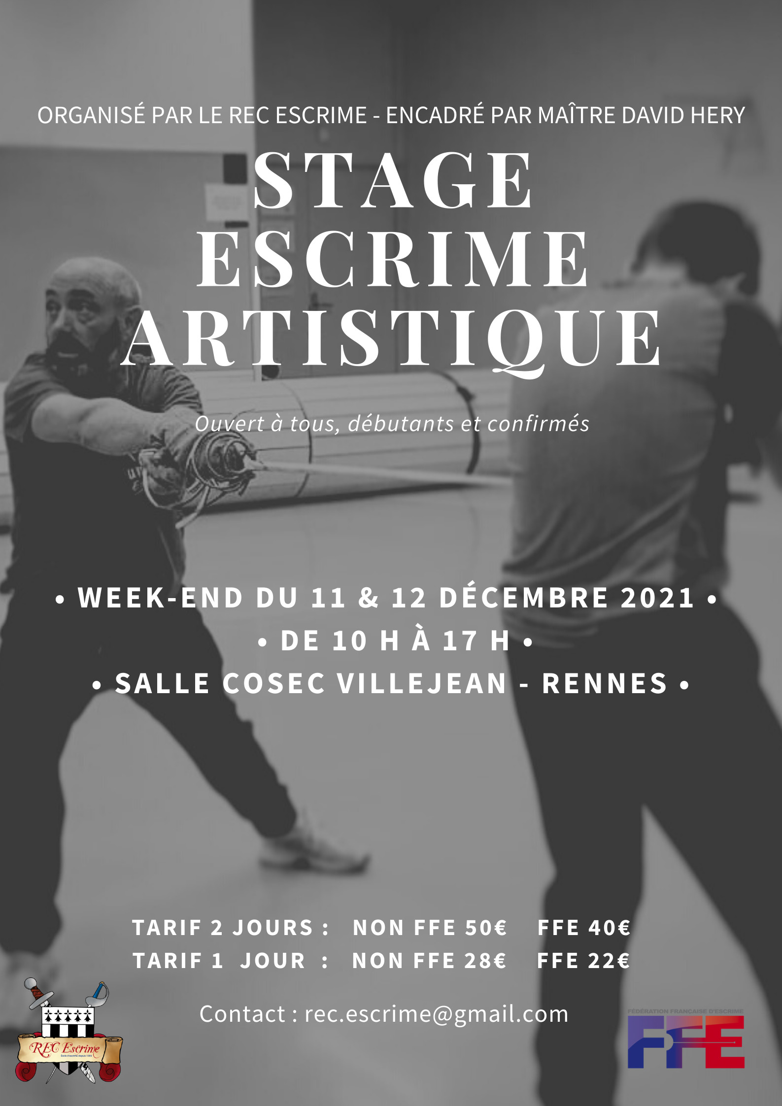 Affiche du stage escrime artistique les 11-12 décembre au COSEC de Villejean