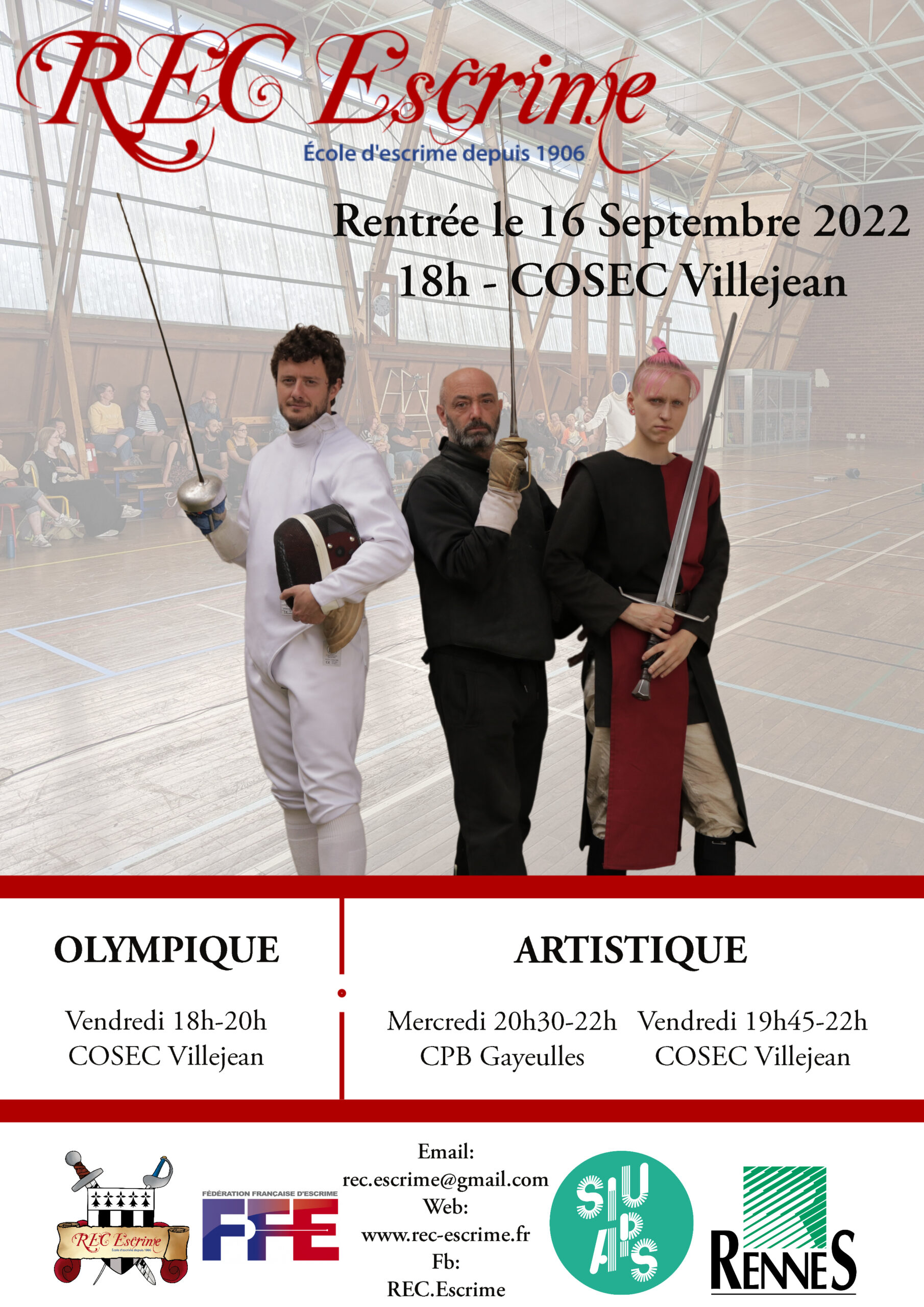 Affiche de la rentrée du REC, le 16 septembre 2022 au COSEC de Villejean, 18h-20h l'Olympique, 19h45-22h l'artistique.