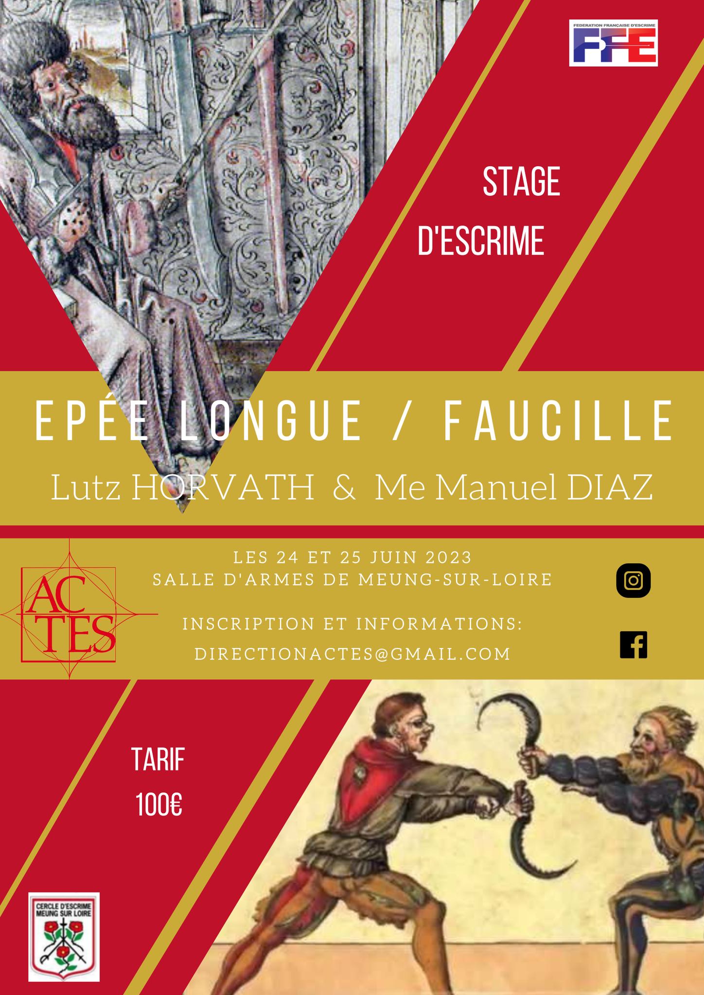 Affiche du stage épée longue et faucille à Meung-sur-Loire les 24 et 25 juin 2023